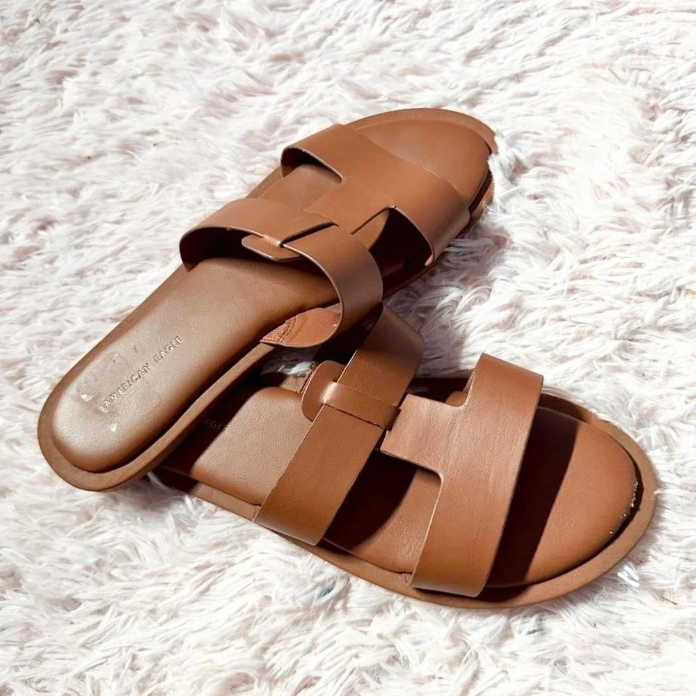 American Eagle Faux Leather Minimalist Boho Slip On Flat Sandals Womens 9 Indie